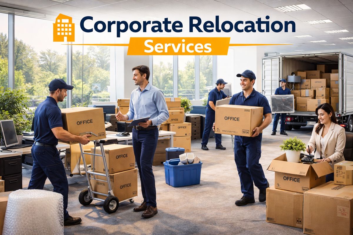 Corporate relocation service with office staff and movers coordinating business move efficiently