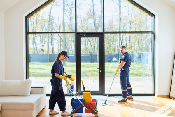 Two people cleaning inside a house