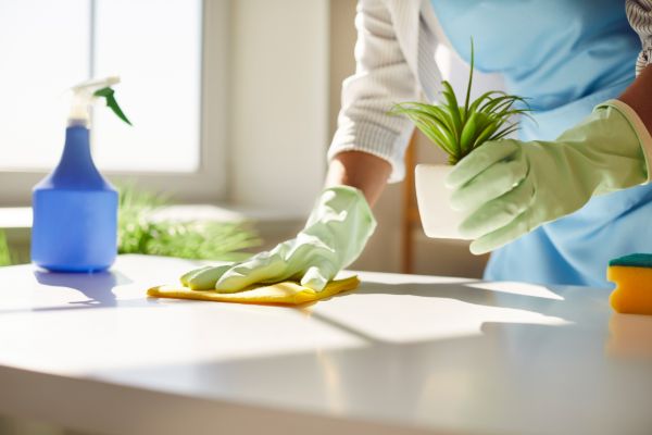 Cleaning a kitchen counter with a cloth