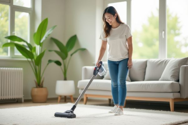 Female cleaner cleaning a living space floor