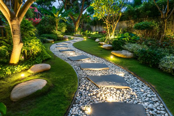 Decorative stone pathway with warm lighting in a landscaped garden