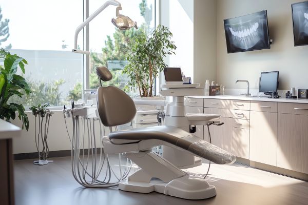 Clean dental office treatment room with chair and equipment