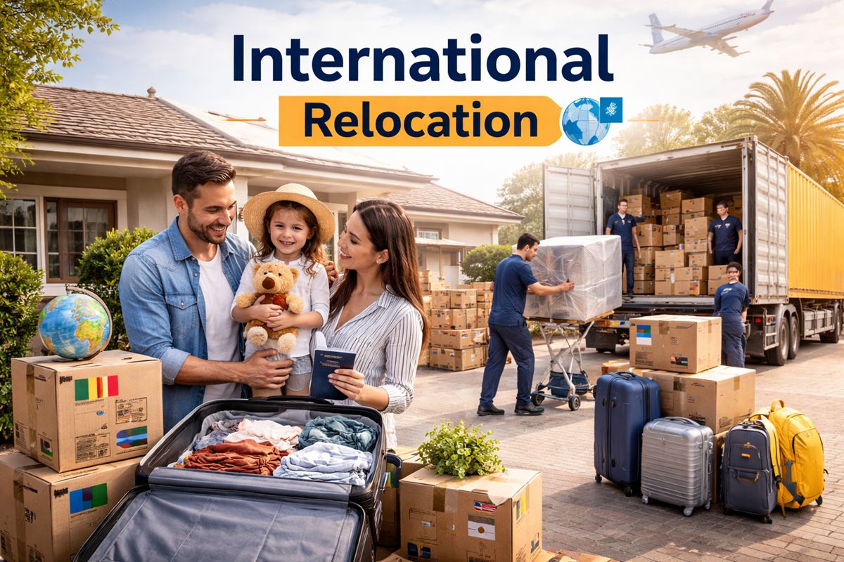 International moving service with packed containers and boxes ready for overseas relocation