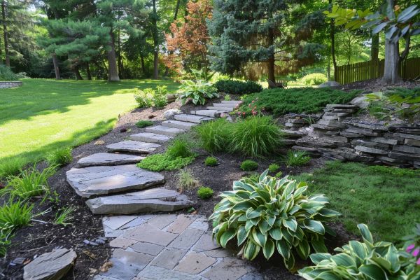 Flagstone garden path with natural plants and outdoor landscape design