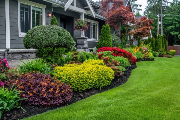 Beautiful front yard landscaping with colorful flowers, trimmed shrubs, and a lush green lawn in front of a modern house.