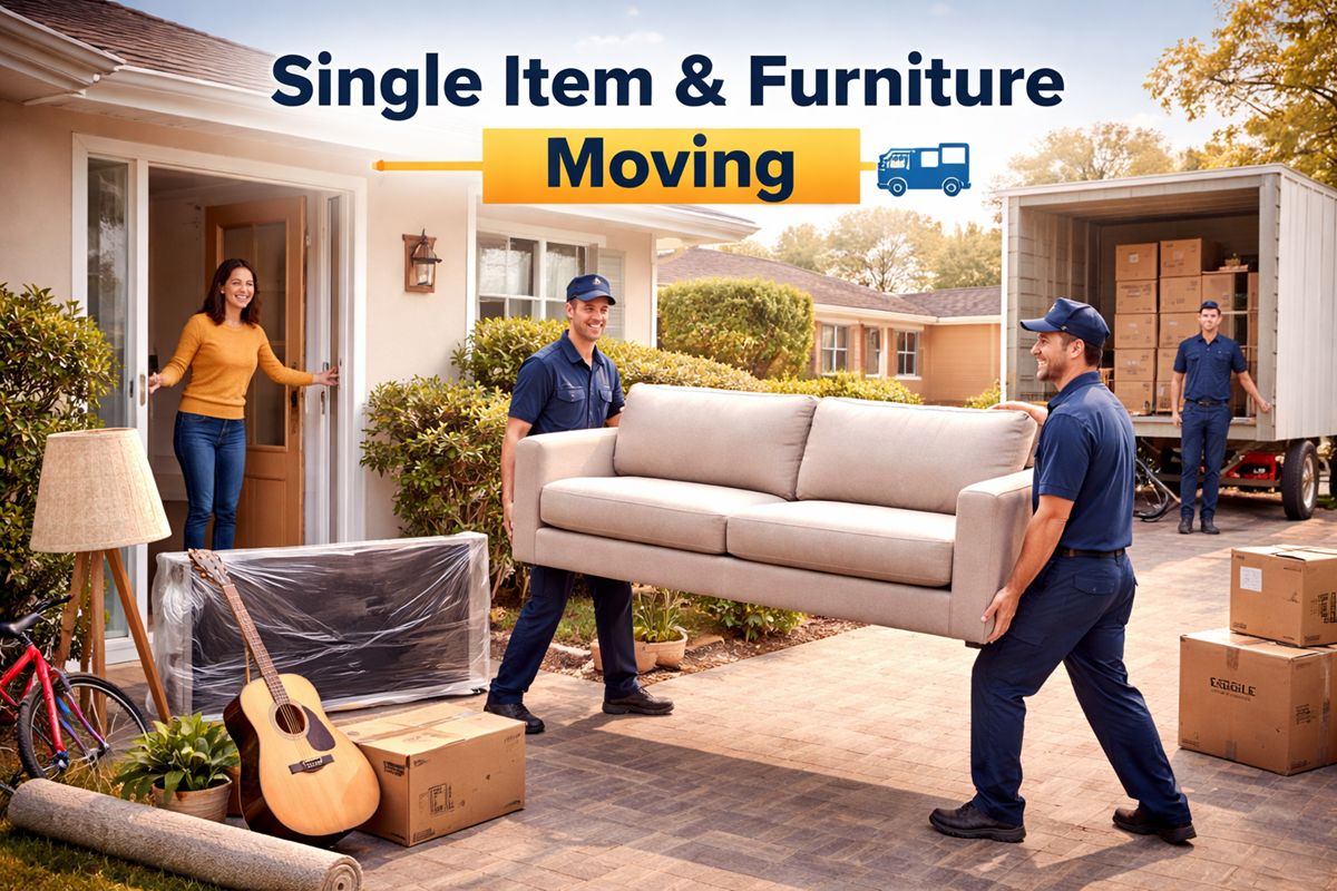 Movers carrying a sofa and handling single furniture items during a residential move