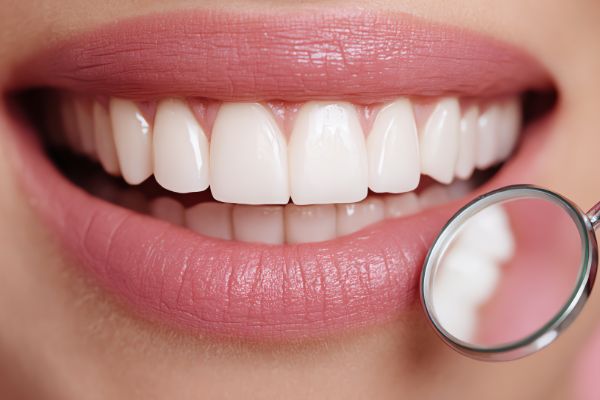 Closeup of healthy white teeth with dental mirror