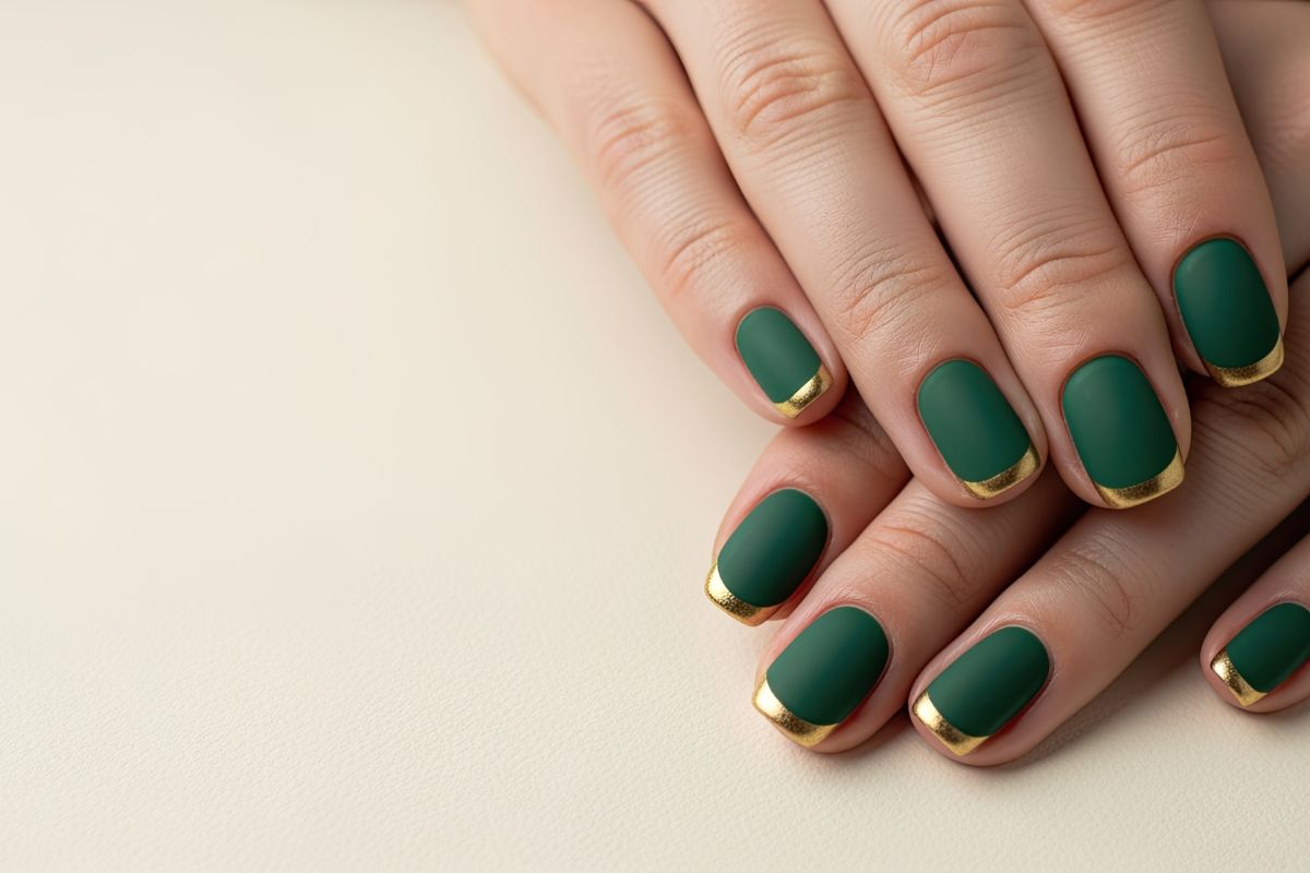 Matte emerald green nails with gold French tips — compelling visuals that convert website visitors into bookings