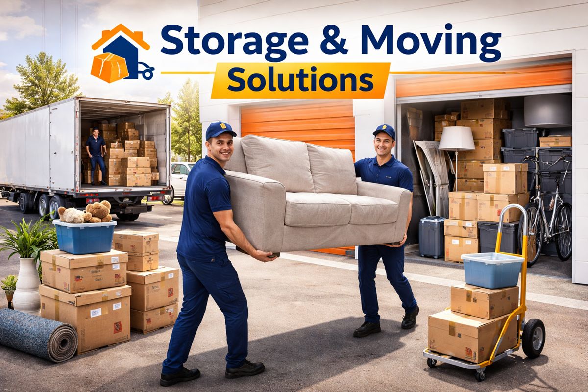 Professional movers loading furniture and boxes into a secure storage unit facility
