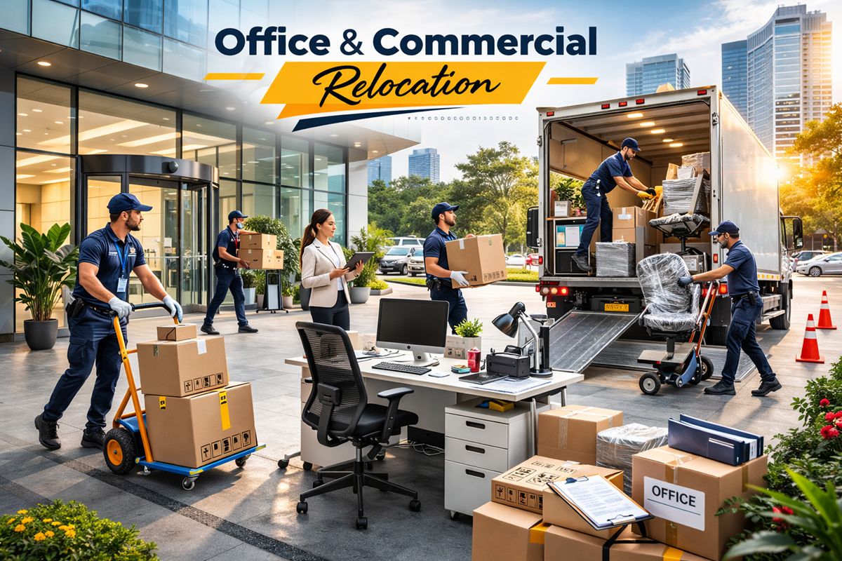 Office relocation in progress with professional movers packing desks, equipment, and boxes in a modern workspace