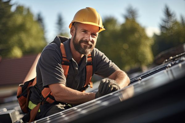 Professional roofer working on a construction site wearing safety gear