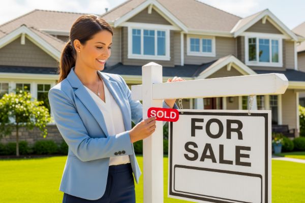 Real estate agent standing next to a for sale sign