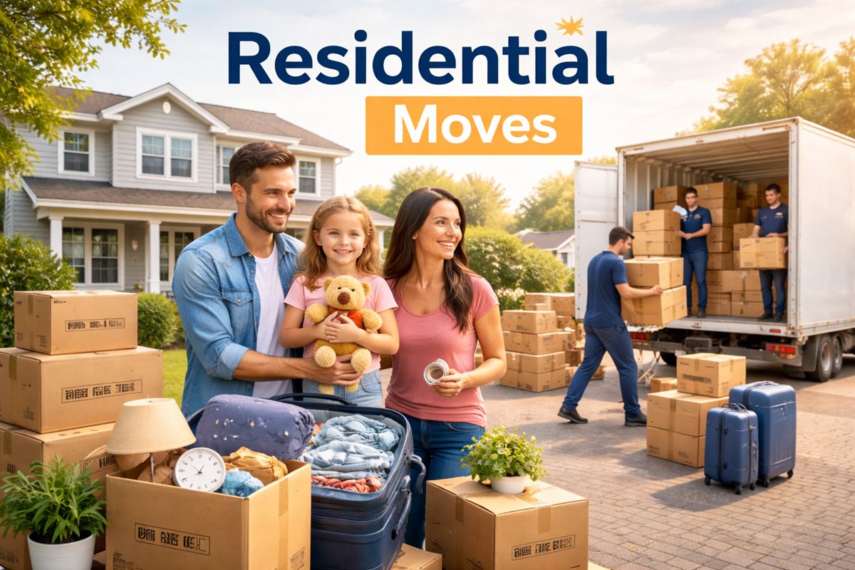 Professional movers helping a family relocate household furniture and boxes in a residential home setting