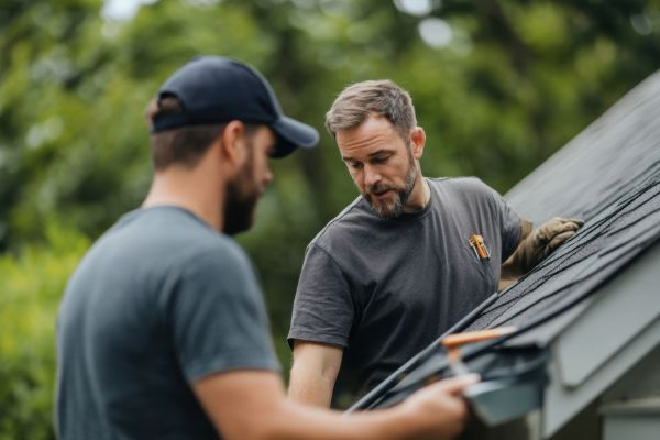 Homeowners discussing roofing project with contractor outdoors