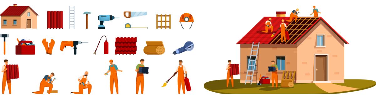 Roofing services overview showing tools, materials and house icons