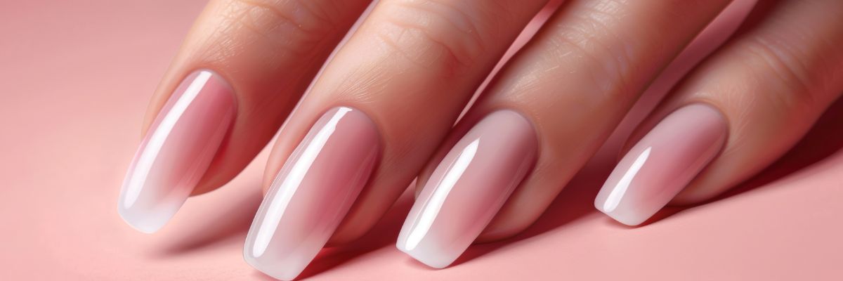 Soft pink glossy almond-shaped nails perfect for attracting clients via local SEO