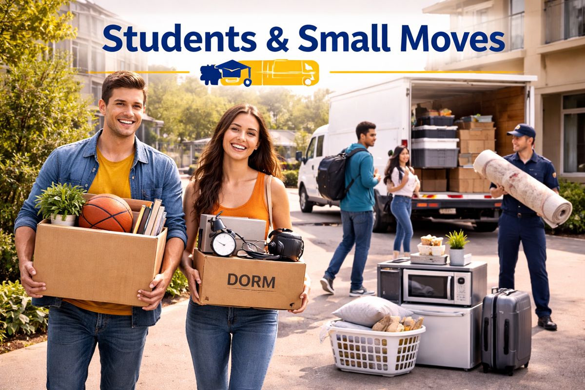 Students moving into a new apartment with small boxes, bags, and essential items with moving assistance