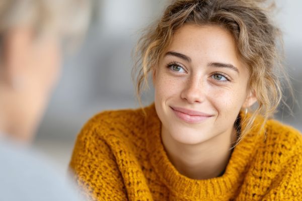 young woman smiling during therapy session