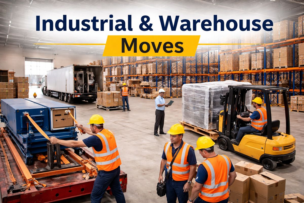 Heavy-duty industrial movers transporting machinery and warehouse equipment using specialized tools and trucks