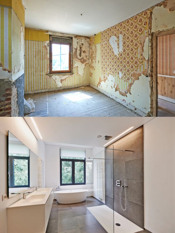 Before and after home renovation showing bathroom remodel