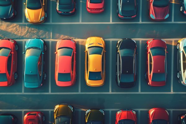 Top view of multiple cars parked in car rental lot
