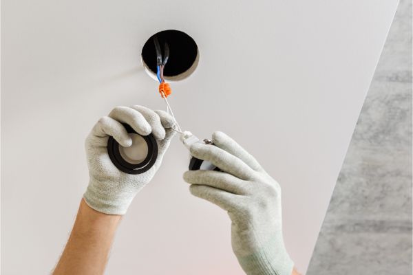 electrician installing ceiling light wiring