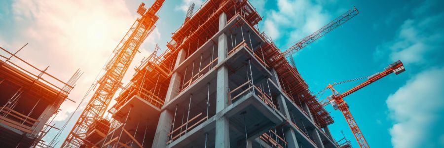 Commercial building under construction with cranes