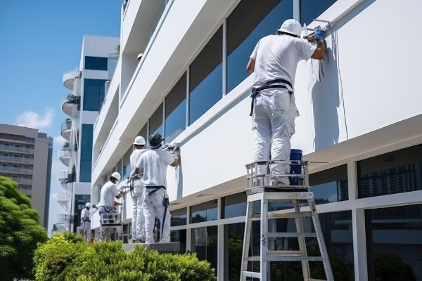 Painters working on exterior commercial building painting project