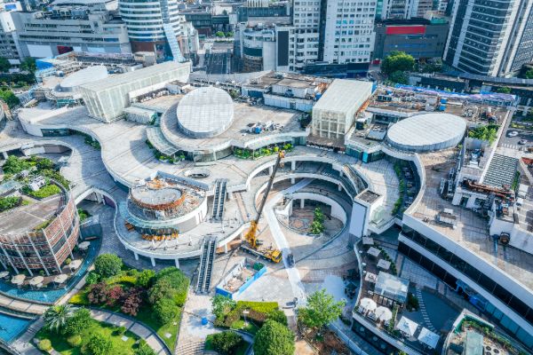 Aerial view of large commercial construction complex