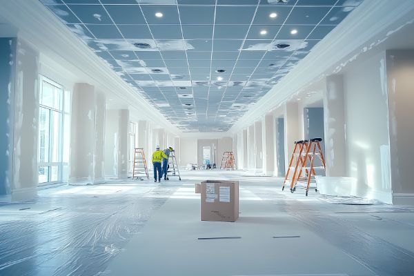 Large commercial interior space being prepared and painted by professionals