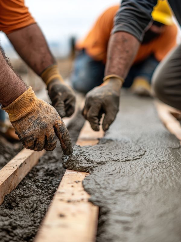 Workers pouring and leveling concrete for driveway construction