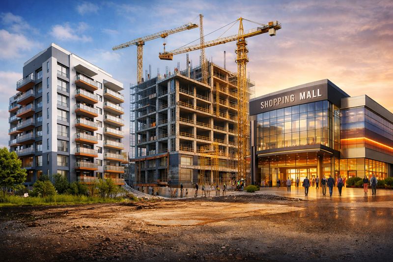 Construction projects including apartment building office construction and shopping mall development