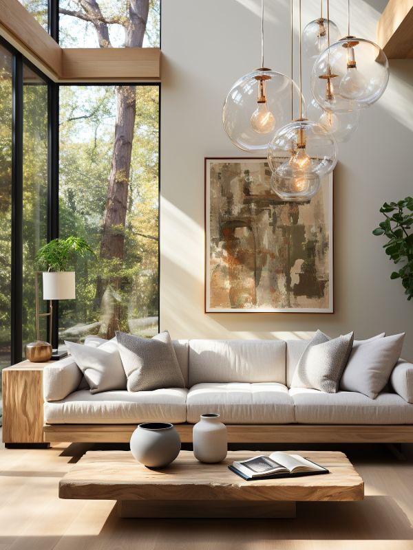 Cozy living room interior design with large windows and natural lighting