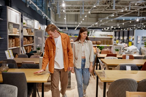 Customers shopping in a furniture showroom