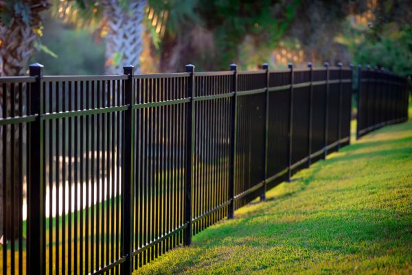 Decorative metal fence with artistic patterns and garden view