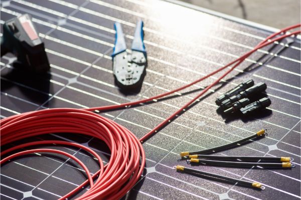 electrical cables and tools arranged on work surface