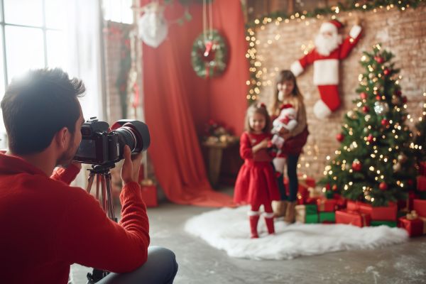 Photographer capturing family Christmas photoshoot indoors