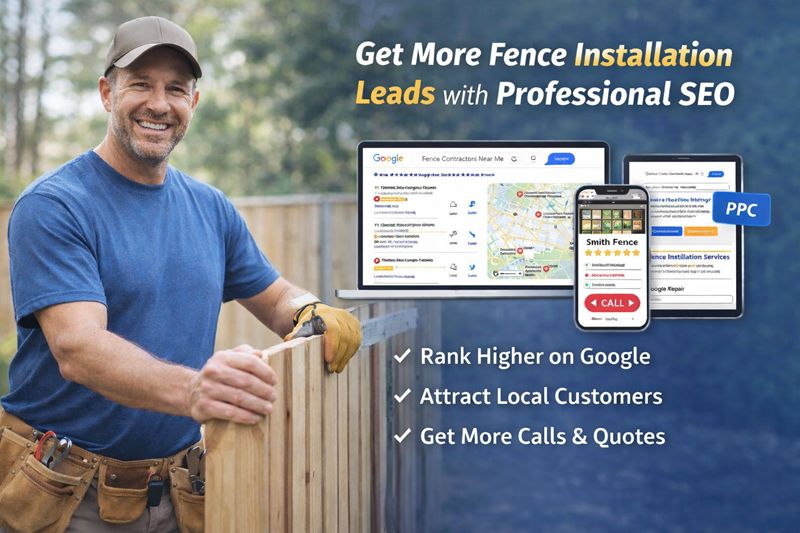 Fence contractor installing wooden fence with SEO strategy for generating local leads and Google rankings