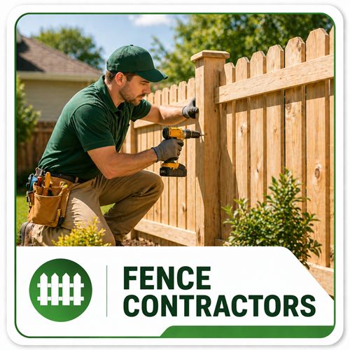 Fence contractor building and repairing wooden fence outdoors