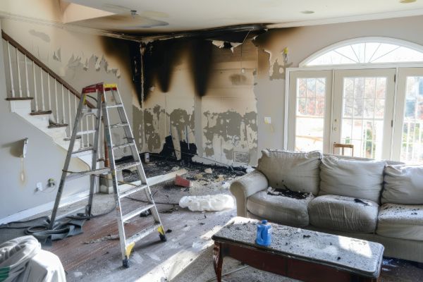 Fire and smoke damaged living room interior showing restoration need
