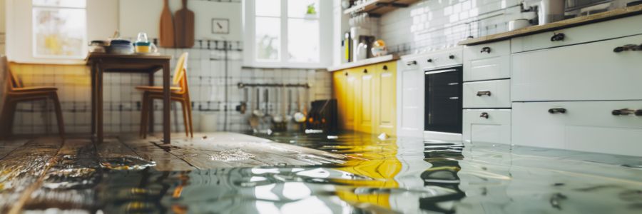Flooded kitchen showing interior water damage