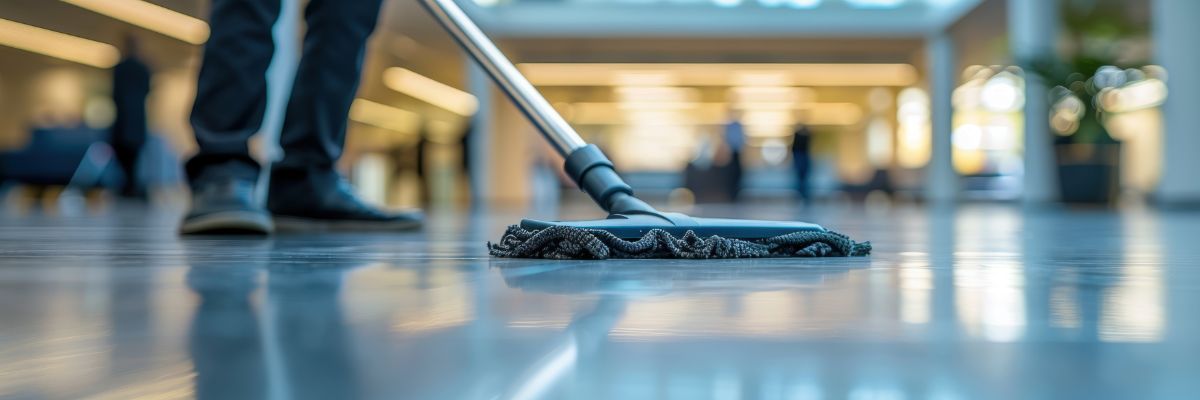 Worker mopping floor in commercial building