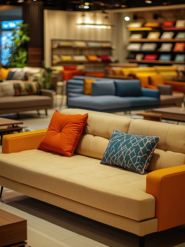 Furniture store showroom with colorful sofa and cushions