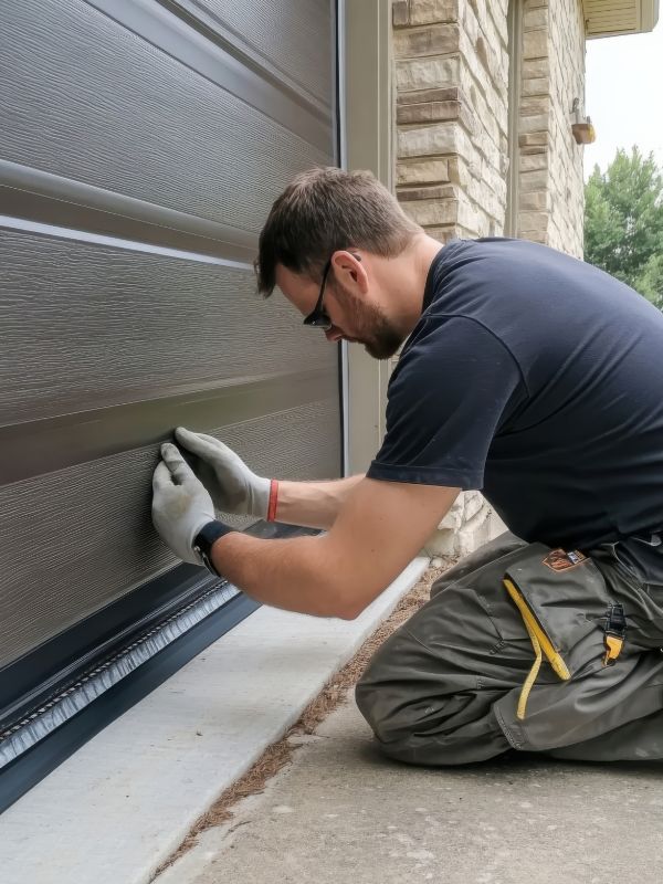 Garage door repair technician on a residential property