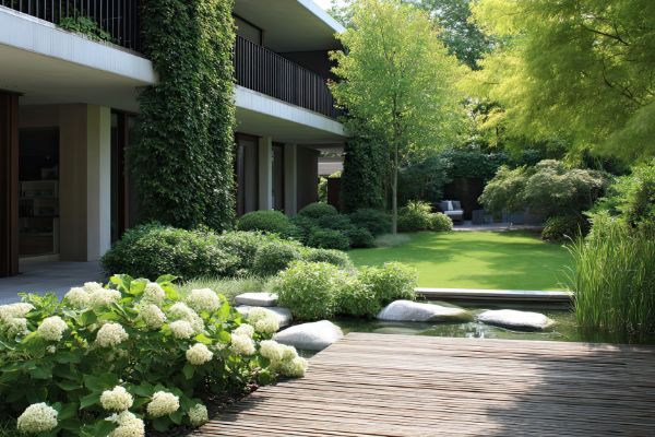 Beautiful landscaped garden area outside a modern home