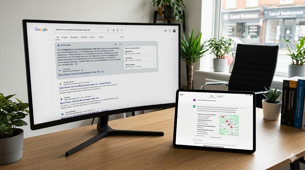 Desktop monitor showing Google AI Overview for home service businesses next to a tablet displaying ChatGPT search results in a modern office setting