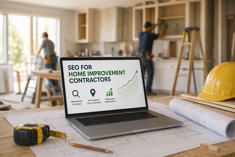 Laptop showing SEO growth for home improvement contractors on a renovation workspace