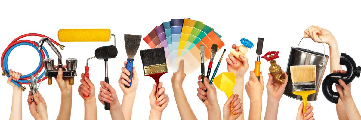 Tools used for home improvement including paint brushes, rollers and repair equipment