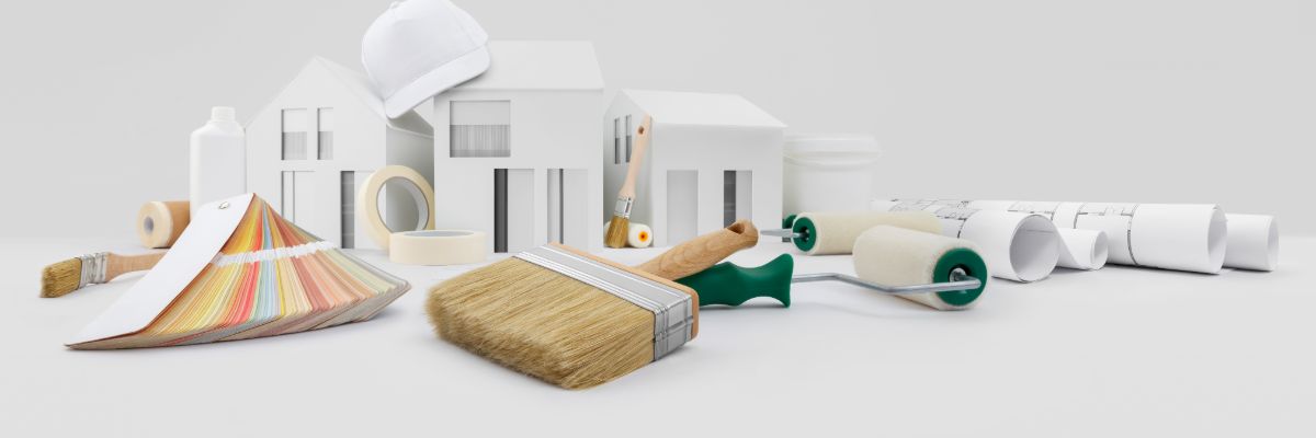 Home painting tools and materials arranged for interior painting work