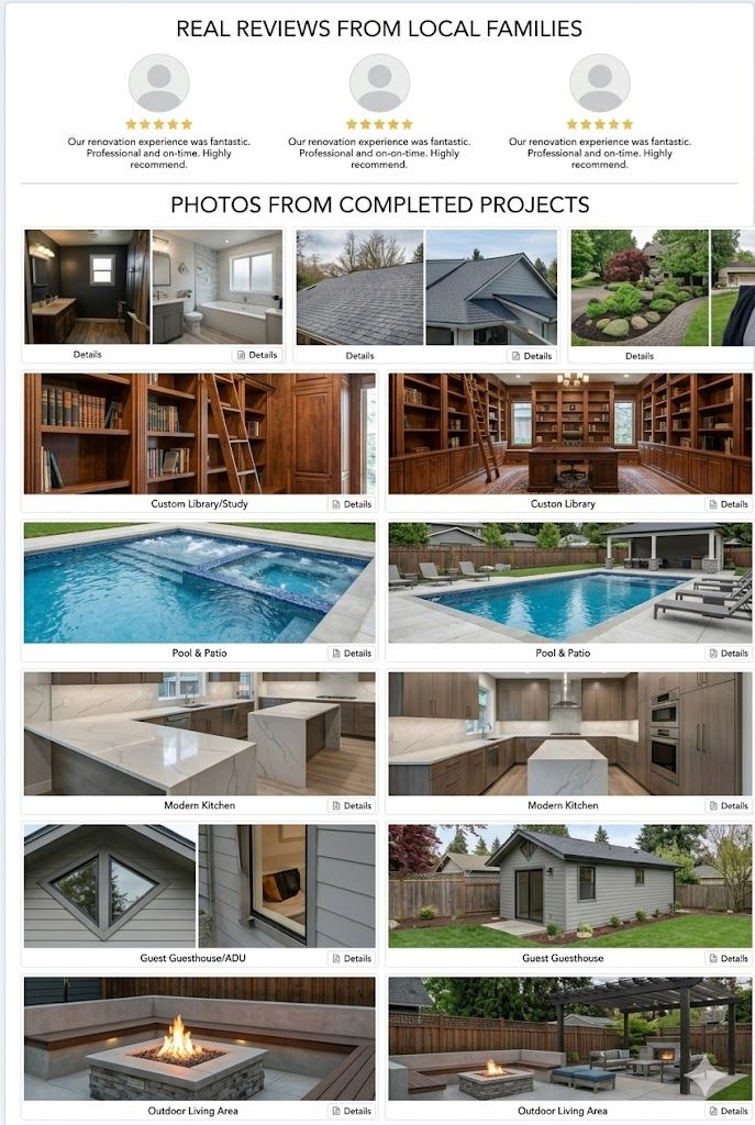 A comprehensive home renovation portfolio featuring high-quality projects including modern kitchens, custom libraries, swimming pools, and guest houses, accompanied by five-star testimonials from local families.